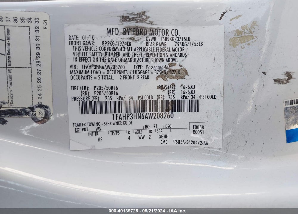 2010 FORD FOCUS SEL VIN: 1FAHP3HN6AW208260
