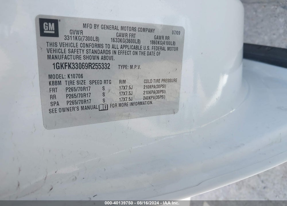 2009 GMC YUKON SLT2 VIN: 1GKFK33069R255332