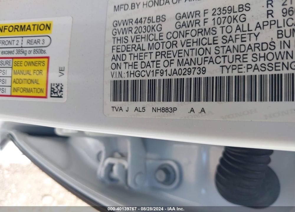 2018 HONDA ACCORD TOURING VIN: 1HGCV1F91JA029739