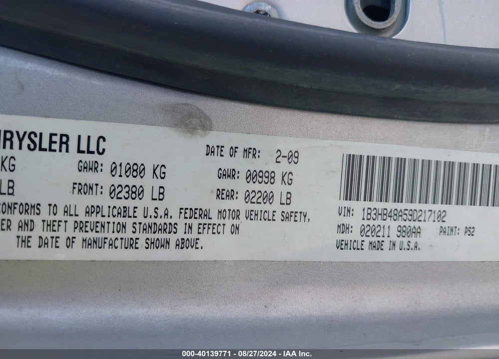 2009 DODGE CALIBER SXT VIN: 1B3HB48A59D217102