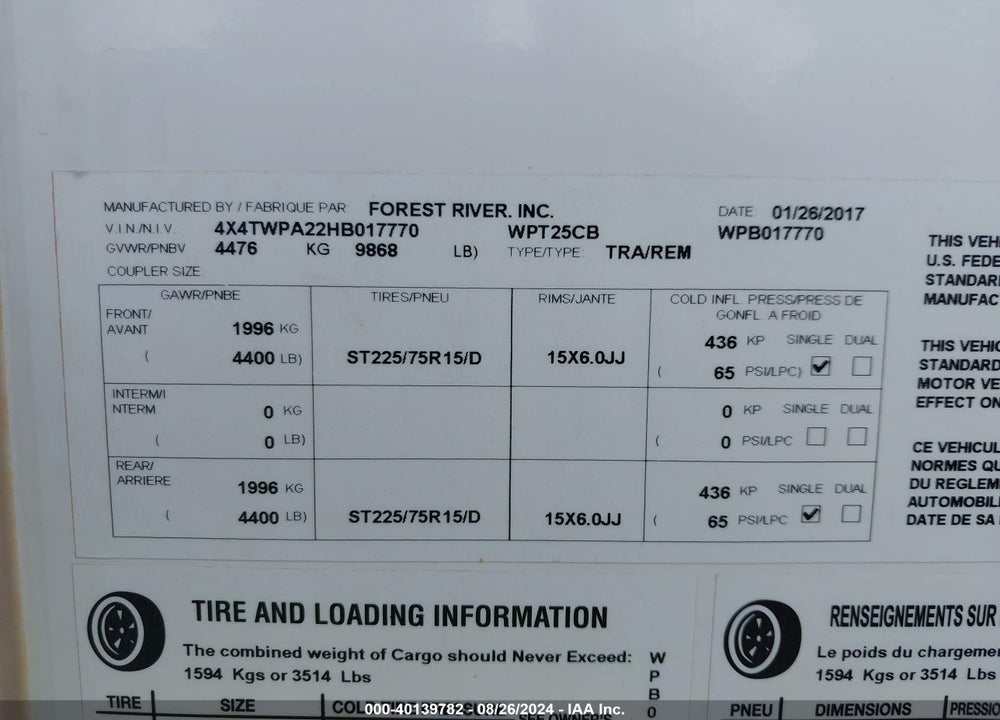 2017 FORE WORK N PLA VIN: 4X4TWPA22HB017770