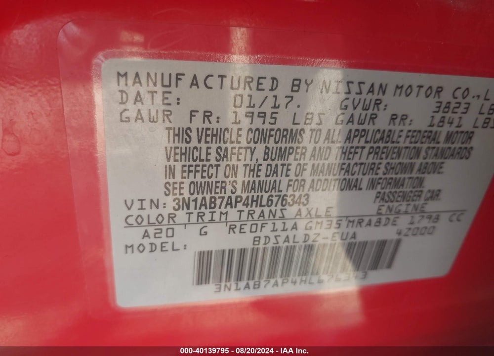 2017 NISSAN SENTRA SV VIN: 3N1AB7AP4HL676343