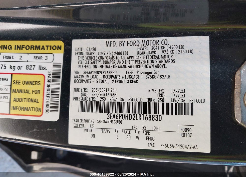 2020 FORD FUSION SE VIN: 3FA6P0HD2LR168830