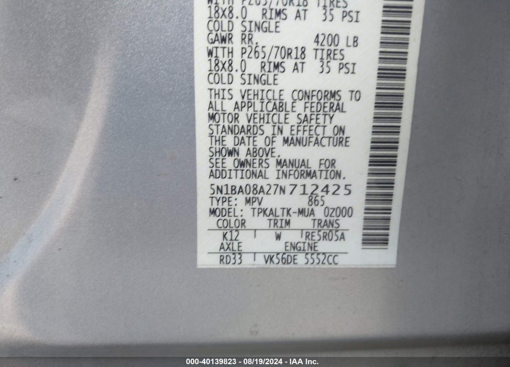 2007 NISSAN ARMADA SE VIN: 5N1BA08A27N712425
