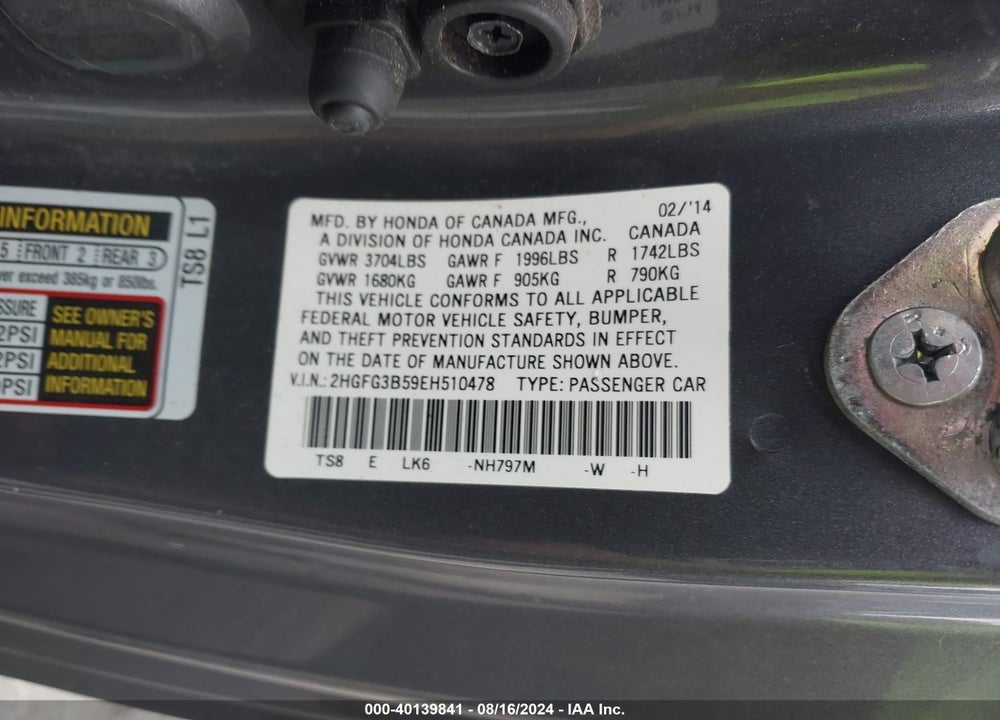 2014 HONDA CIVIC LX VIN: 2HGFG3B59EH510478