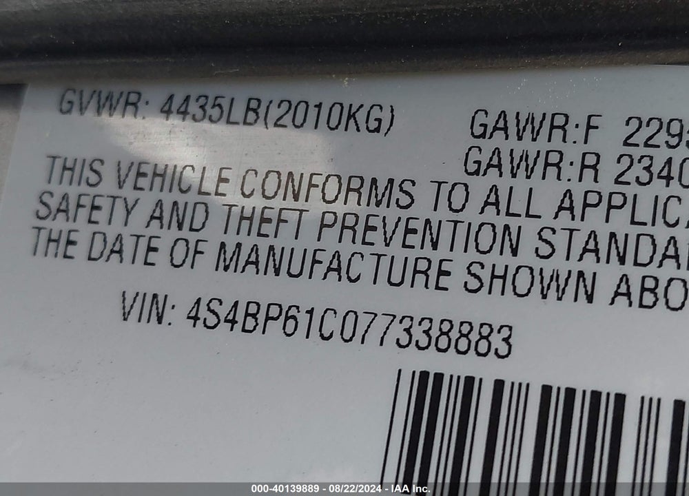 2007 SUBARU OUTBACK VIN: 4S4BP61C077338883