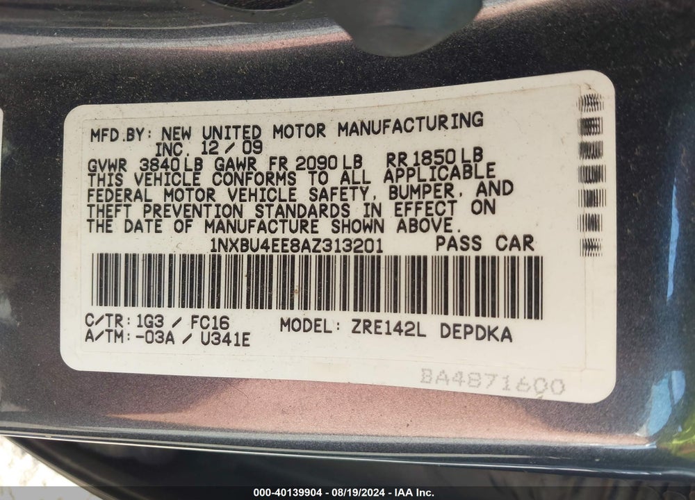 2010 TOYOTA COROLLA LE VIN: 1NXBU4EE8AZ313201