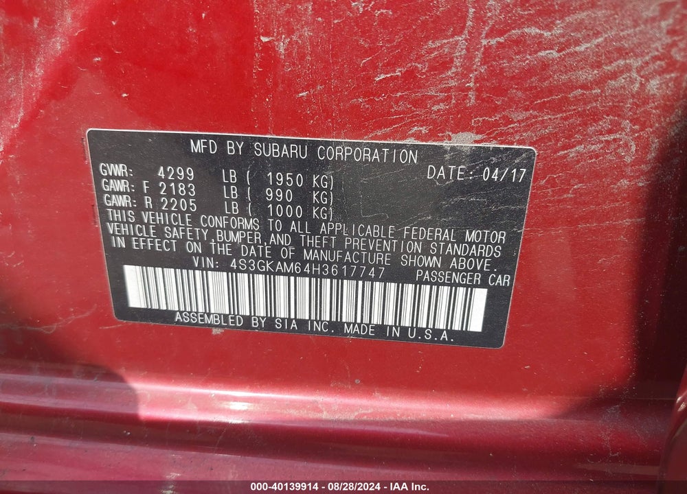 2017 SUBARU IMPREZA 2.0I SPORT VIN: 4S3GKAM64H3617747