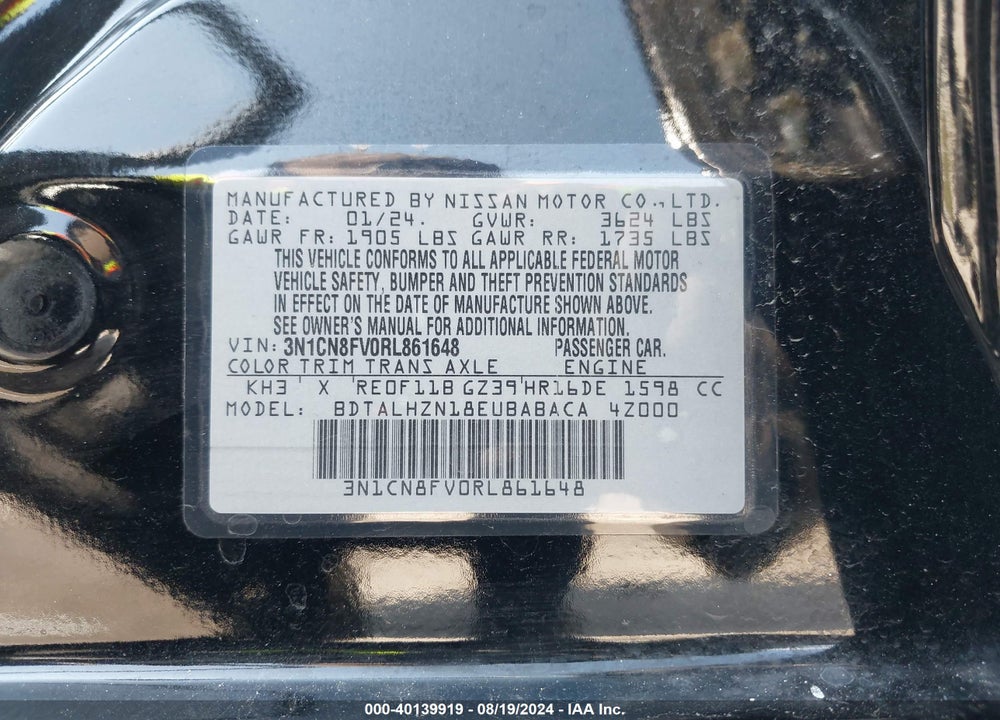 2024 NISSAN VERSA 1.6 SR VIN: 3N1CN8FV0RL861648