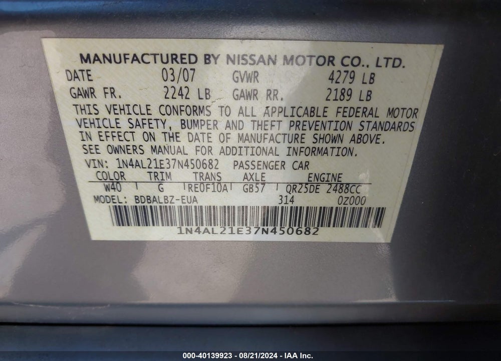 2007 NISSAN ALTIMA 2.5 S VIN: 1N4AL21E37N450682