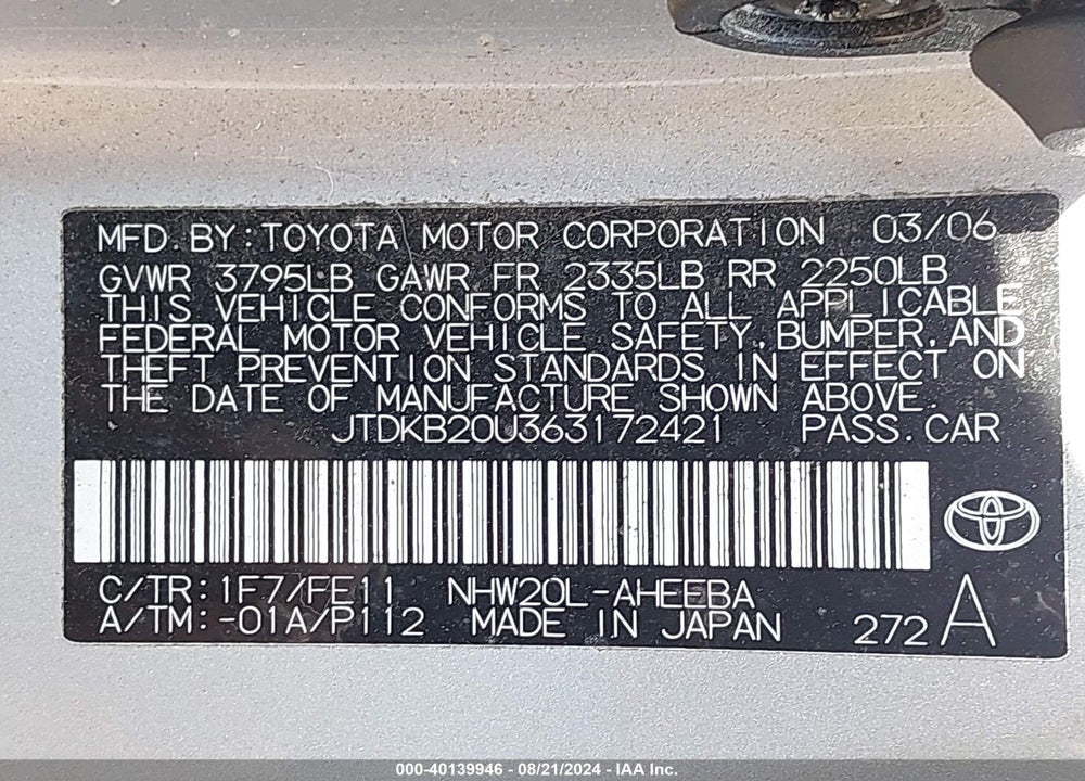 2006 TOYOTA PRIUS VIN: JTDKB20U363172421
