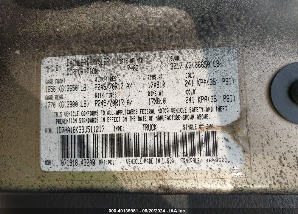 2003 DODGE RAM 1500 VIN: 1D7HA18K33J511217