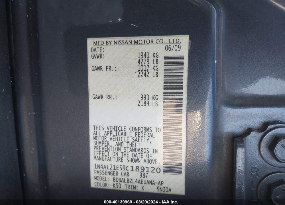 2009 NISSAN ALTIMA 2.5 S VIN: 1N4AL21E59C189120