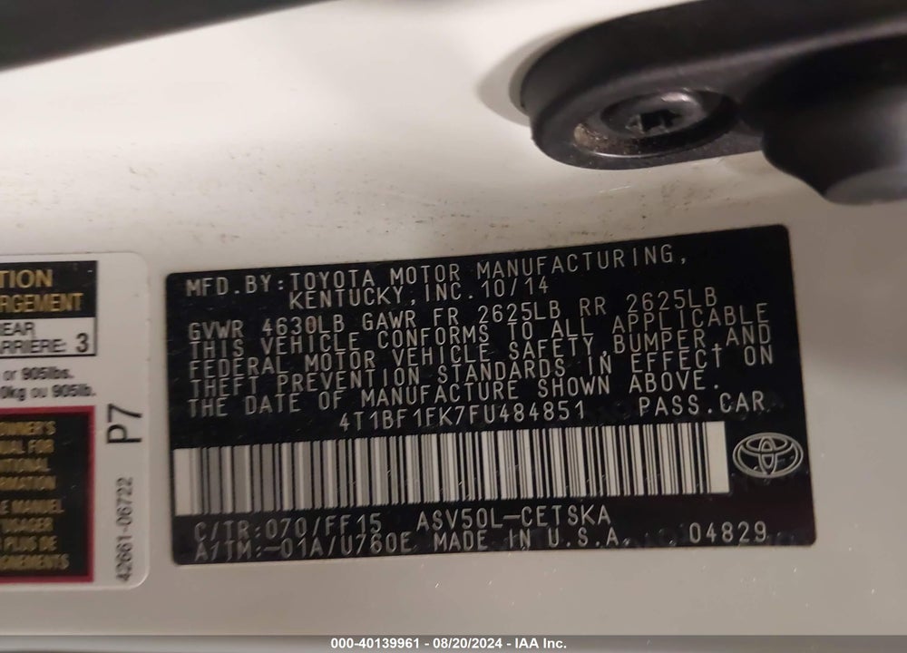 2015 TOYOTA CAMRY SE VIN: 4T1BF1FK7FU484851