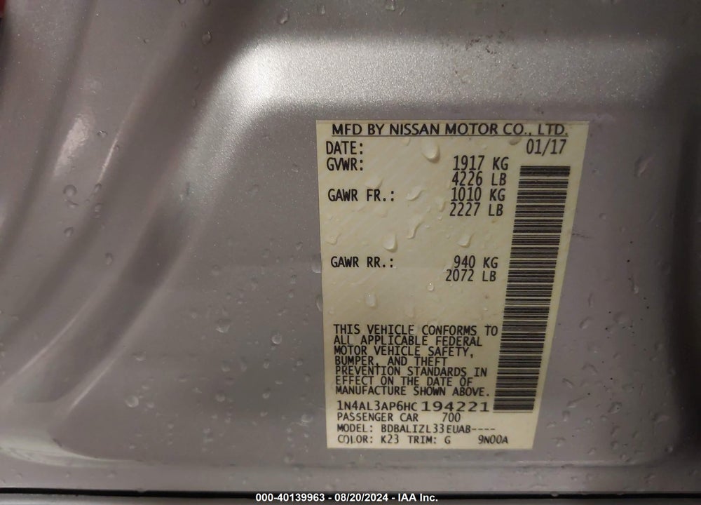 2017 NISSAN ALTIMA 2.5 SV VIN: 1N4AL3AP6HC194221