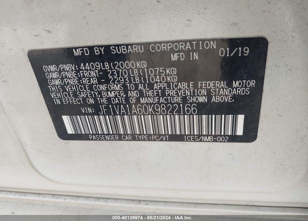 2019 SUBARU WRX VIN: JF1VA1A60K9822166