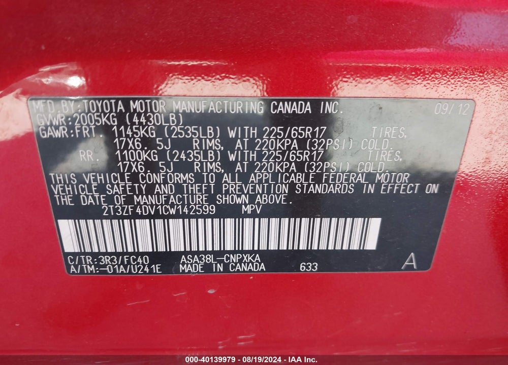 2012 TOYOTA RAV4 VIN: 2T3ZF4DV1CW142599