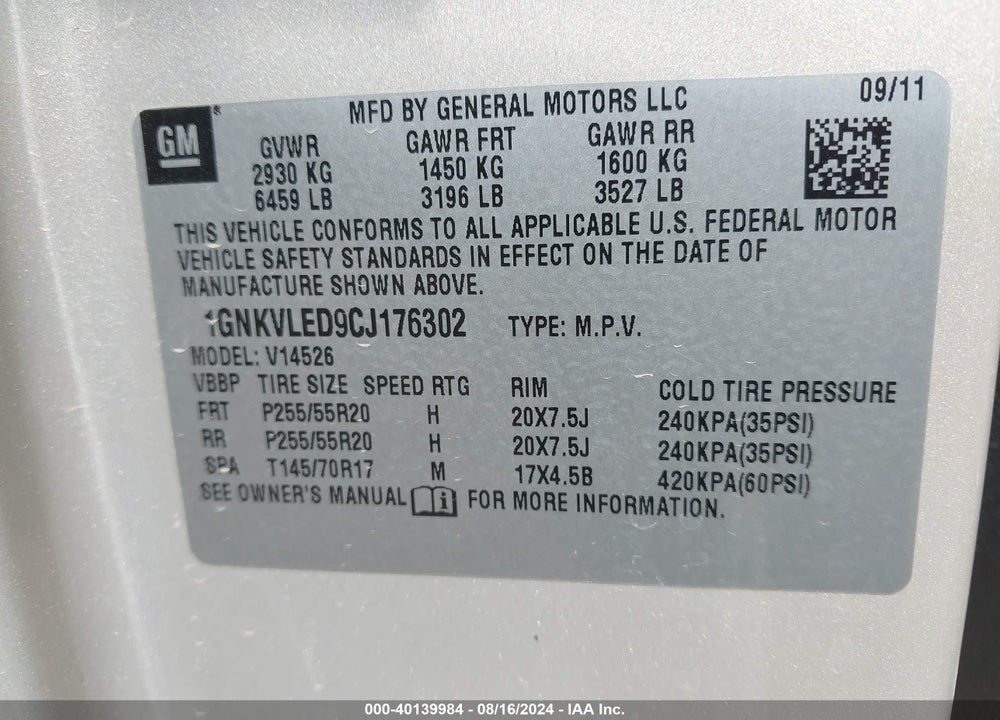 2012 CHEVROLET TRAVERSE LTZ VIN: 1GNKVLED9CJ176302