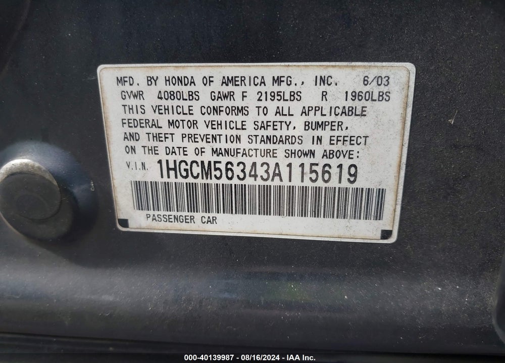 2003 HONDA ACCORD 2.4 LX VIN: 1HGCM56343A115619