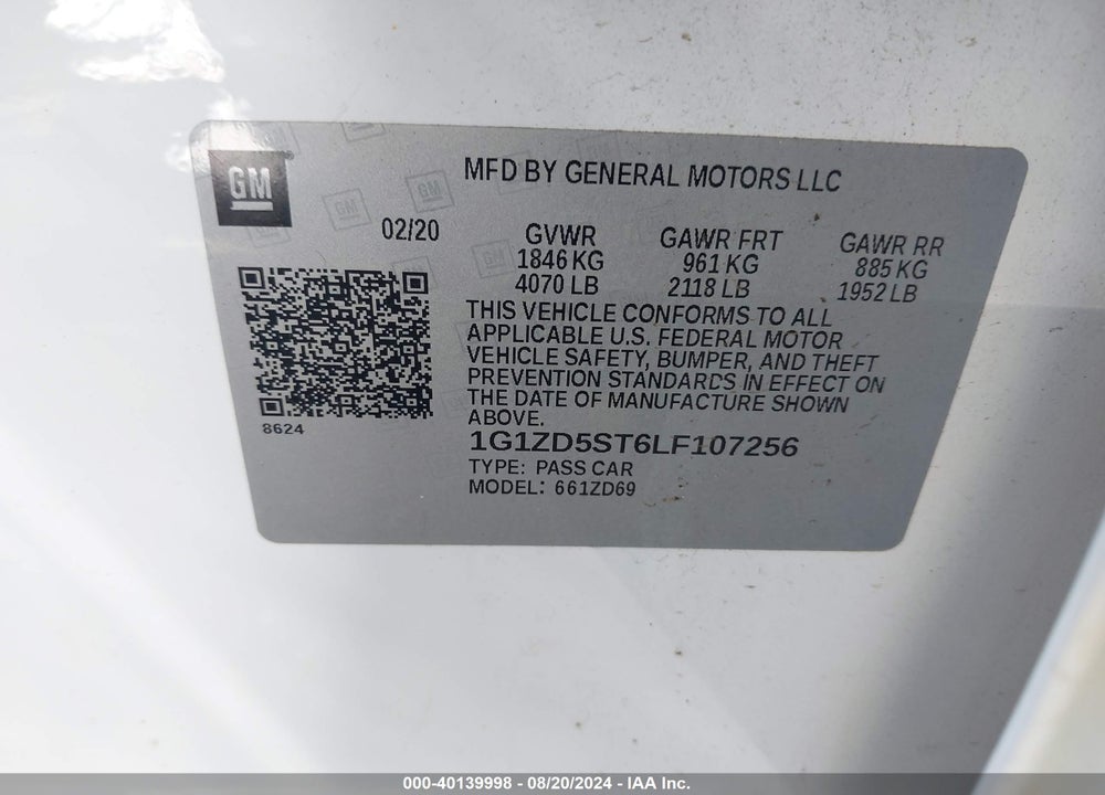 2020 CHEVROLET MALIBU FWD LT VIN: 1G1ZD5ST6LF107256