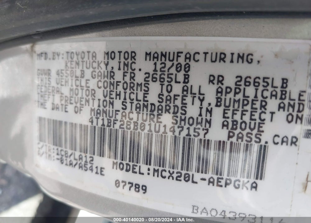 2001 TOYOTA AVALON XLS VIN: 4T1BF28B01U147157