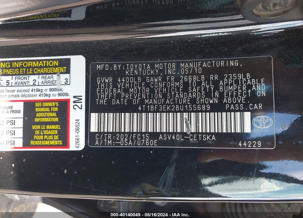 2011 TOYOTA CAMRY SE VIN: 4T1BF3EK2BU155689