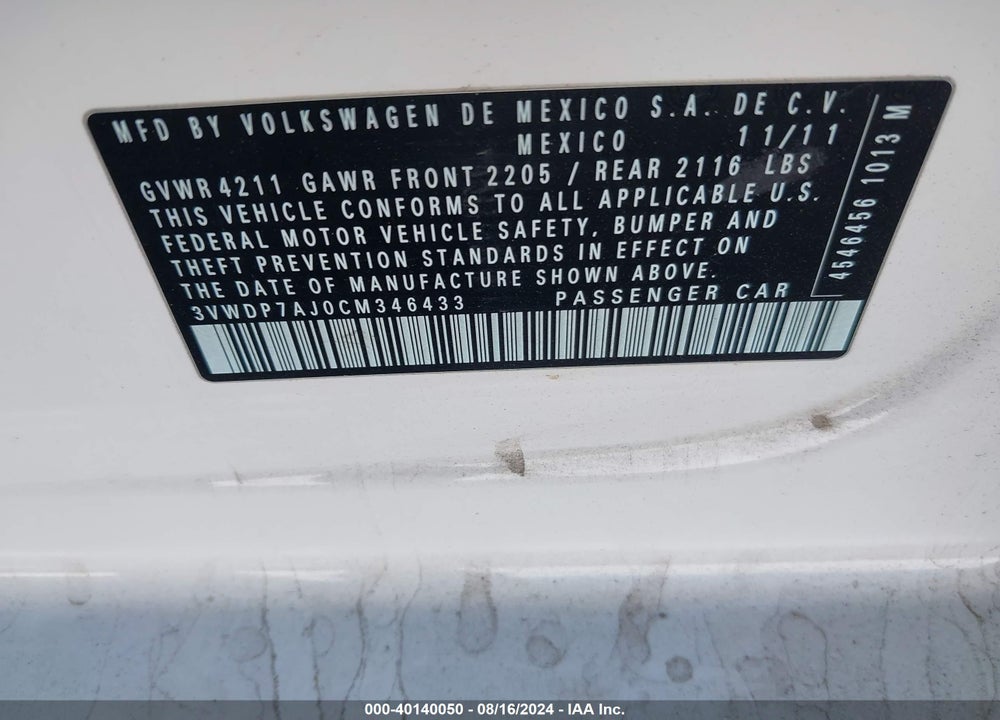 2012 VOLKSWAGEN JETTA 2.5L SE VIN: 3VWDP7AJ0CM346433