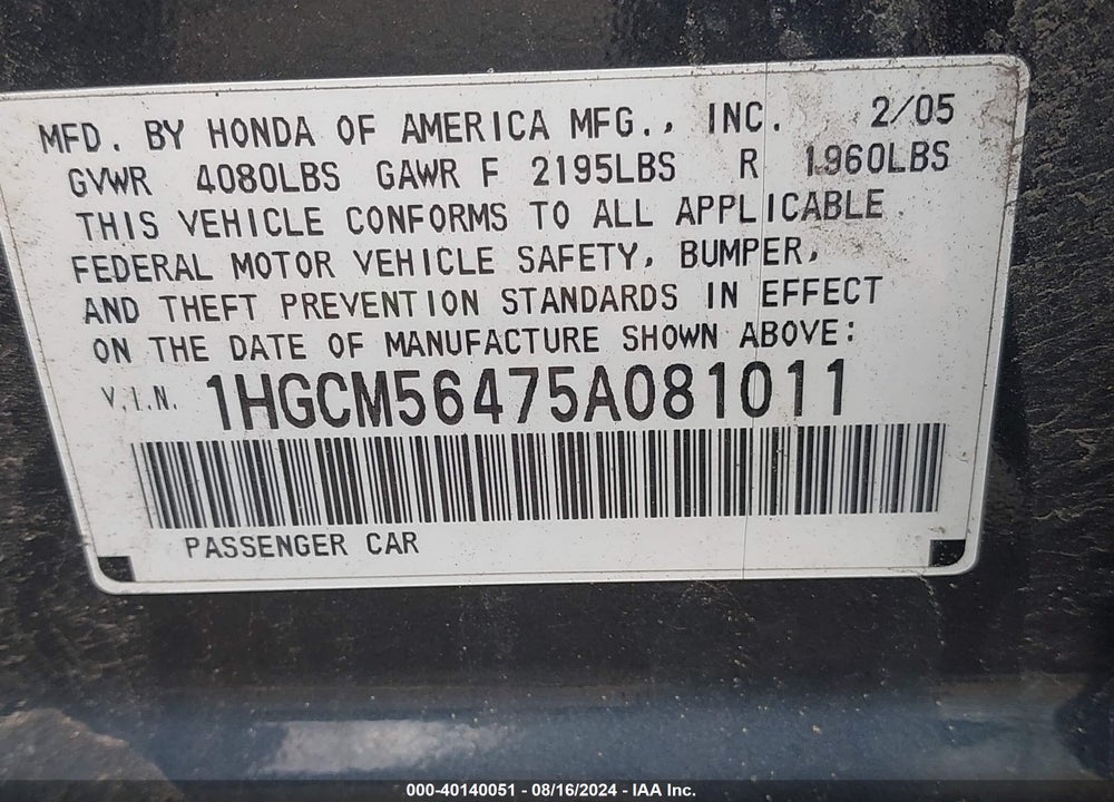 2005 HONDA ACCORD 2.4 LX VIN: 1HGCM56475A081011