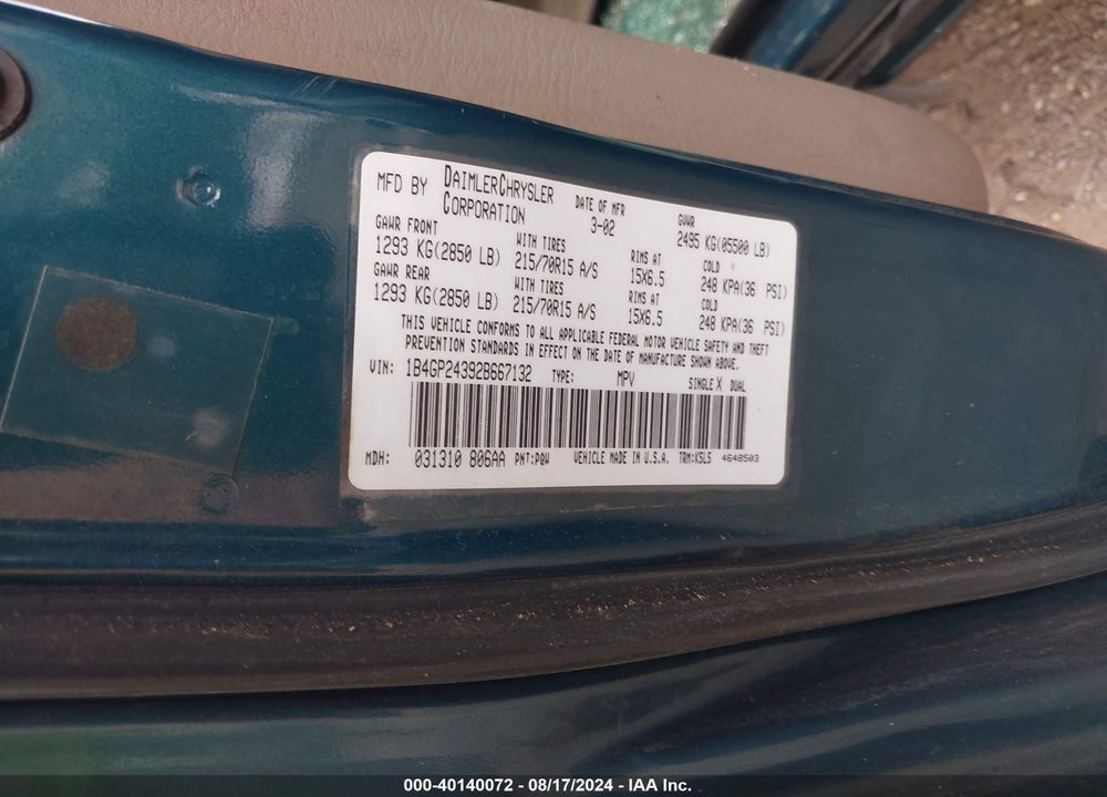 2002 DODGE GRAND CARAVAN SE VIN: 1B4GP24392B667132