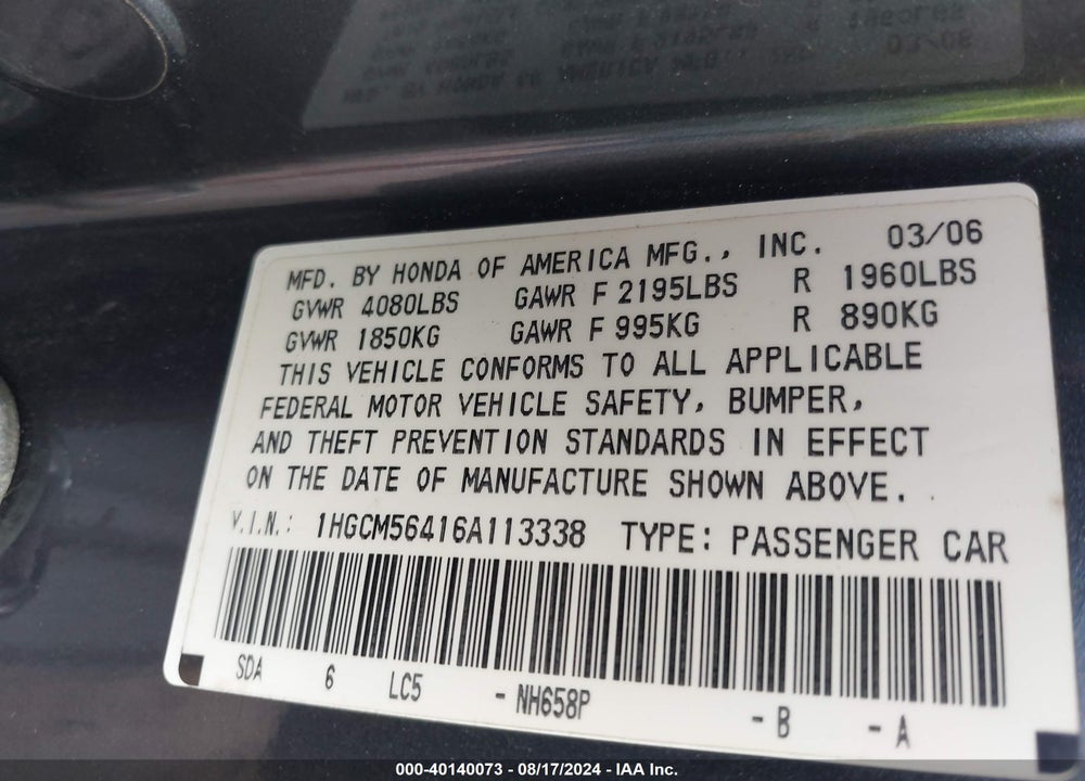 2006 HONDA ACCORD 2.4 LX VIN: 1HGCM56416A113338