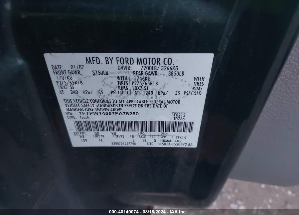 2007 FORD F-150 FX4/LARIAT/XLT VIN: 1FTPW14557FA76250