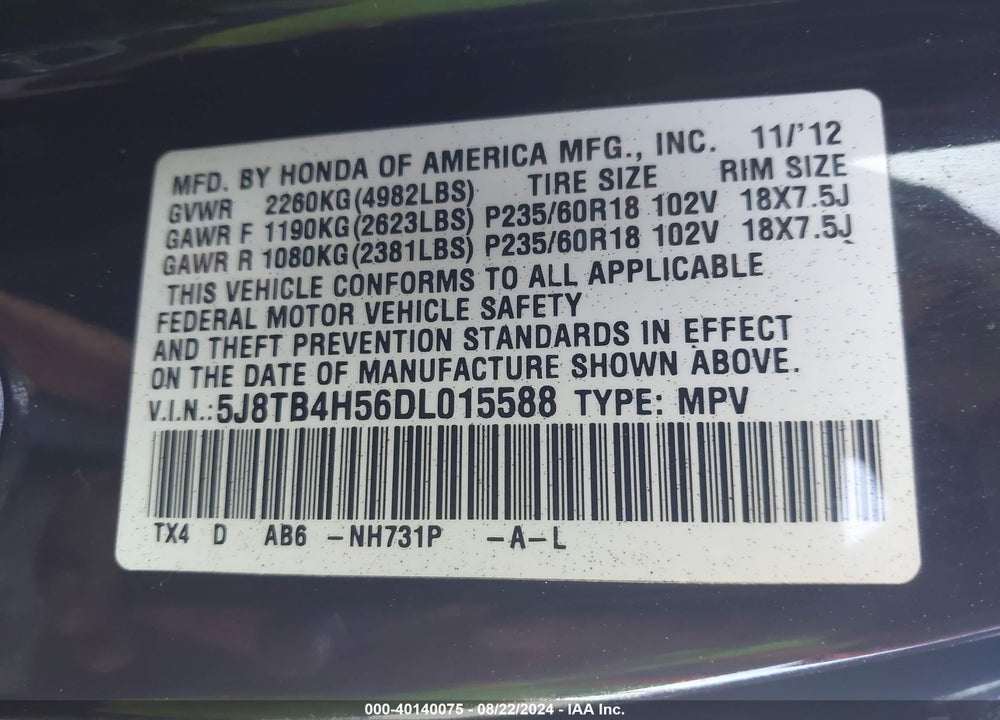 2013 ACURA RDX VIN: 5J8TB4H56DL015588