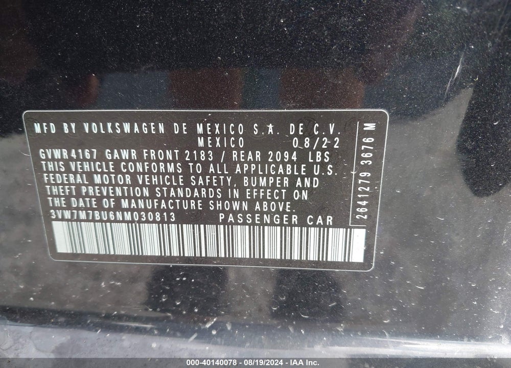 2022 VOLKSWAGEN JETTA 1.5T SE VIN: 3VW7M7BU6NM030813