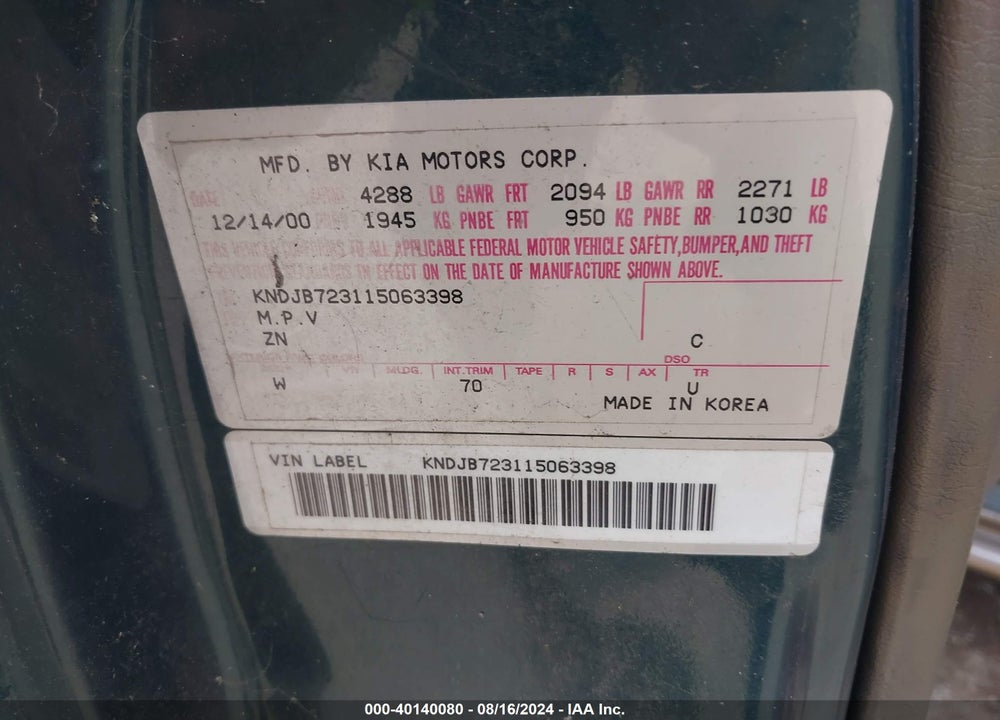 2001 KIA SPORTAGE EX/LIMITED VIN: KNDJB723115063398