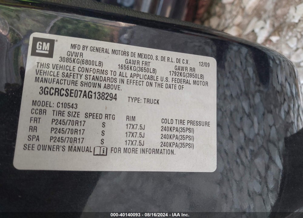 2010 CHEVROLET SILVERADO 1500 LT VIN: 3GCRCSE07AG138294