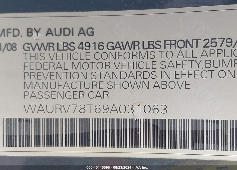 2009 AUDI S5 4.2L VIN: WAURV78T69A031063