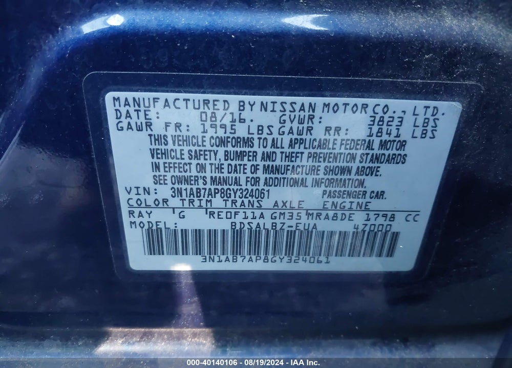 2016 NISSAN SENTRA S VIN: 3N1AB7AP8GY324061
