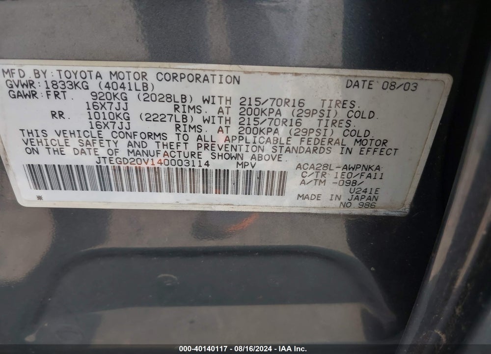 2004 TOYOTA RAV4 VIN: JTEGD20V140003114
