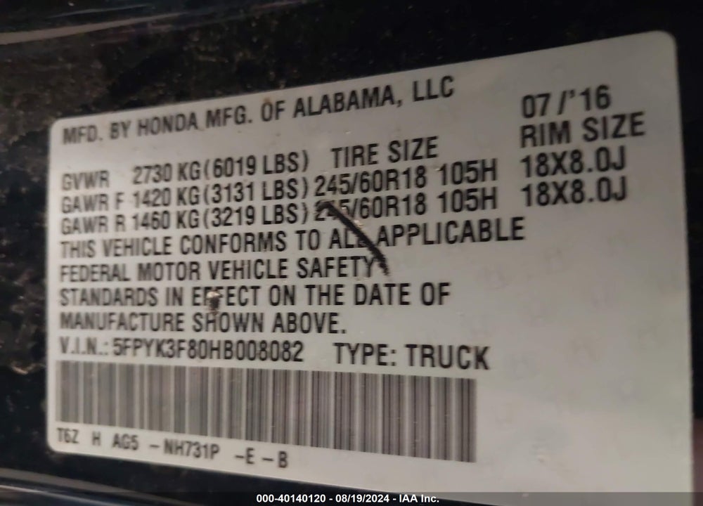 2017 HONDA RIDGELINE BLACK EDITION VIN: 5FPYK3F80HB008082