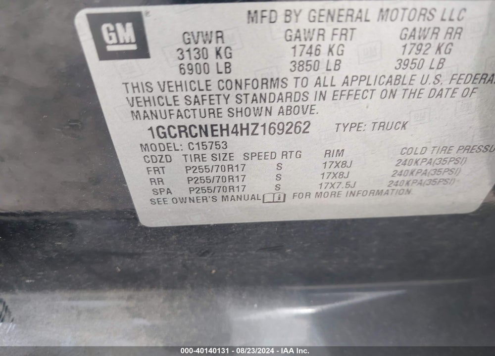 2017 CHEVROLET SILVERADO 1500 WT VIN: 1GCRCNEH4HZ169262