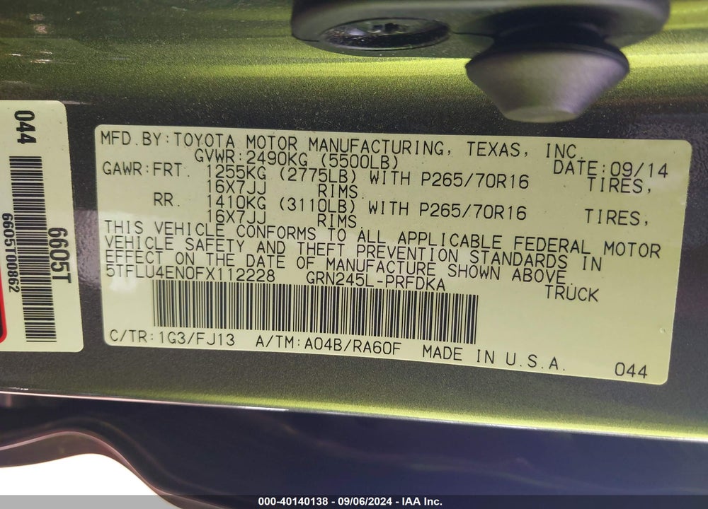 2015 TOYOTA TACOMA BASE V6 VIN: 5TFLU4EN0FX112228