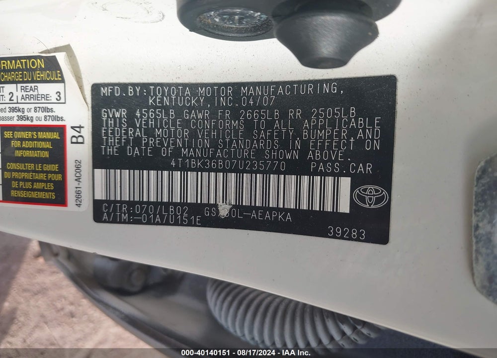 2007 TOYOTA AVALON LIMITED VIN: 4T1BK36B07U235770