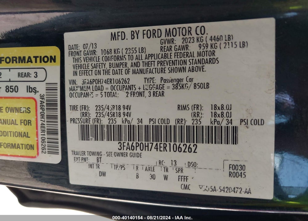 2014 FORD FUSION VIN: 3FA6P0H74ER106262