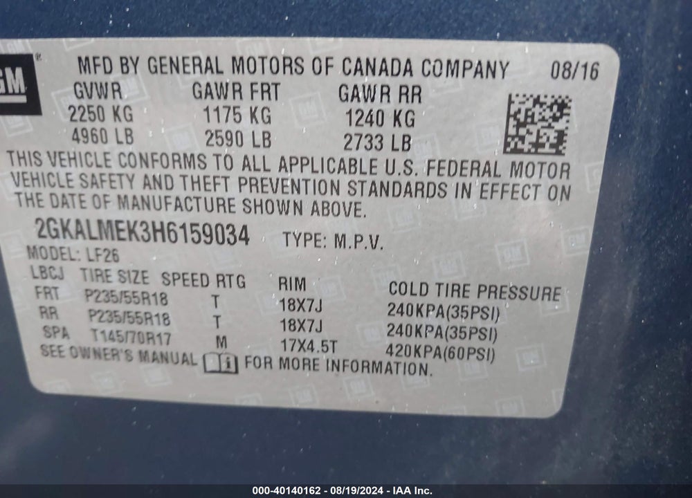 2017 GMC TERRAIN SLE-1 VIN: 2GKALMEK3H6159034