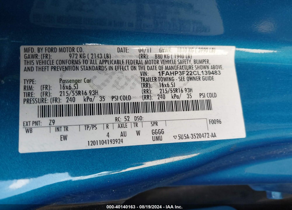 2012 FORD FOCUS SE VIN: 1FAHP3F22CL139483