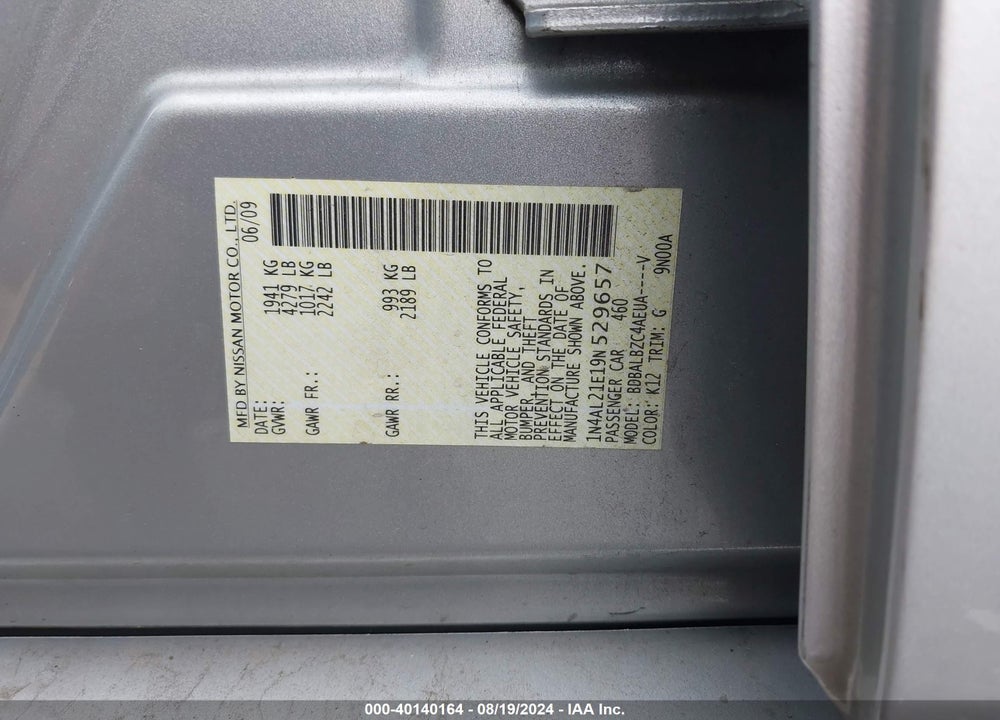 2009 NISSAN ALTIMA 2.5 S VIN: 1N4AL21E19N529657