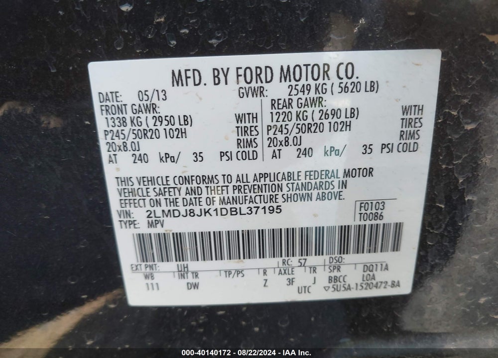 2013 LINCOLN MKX VIN: 2LMDJ8JK1DBL37195