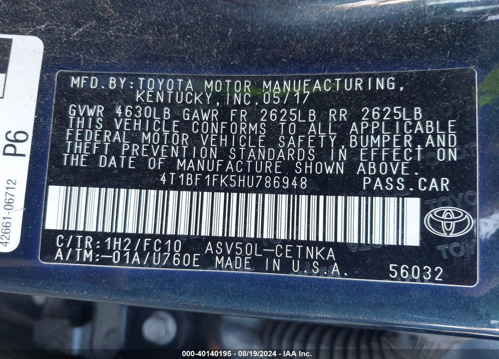 2017 TOYOTA CAMRY LE VIN: 4T1BF1FK5HU786948
