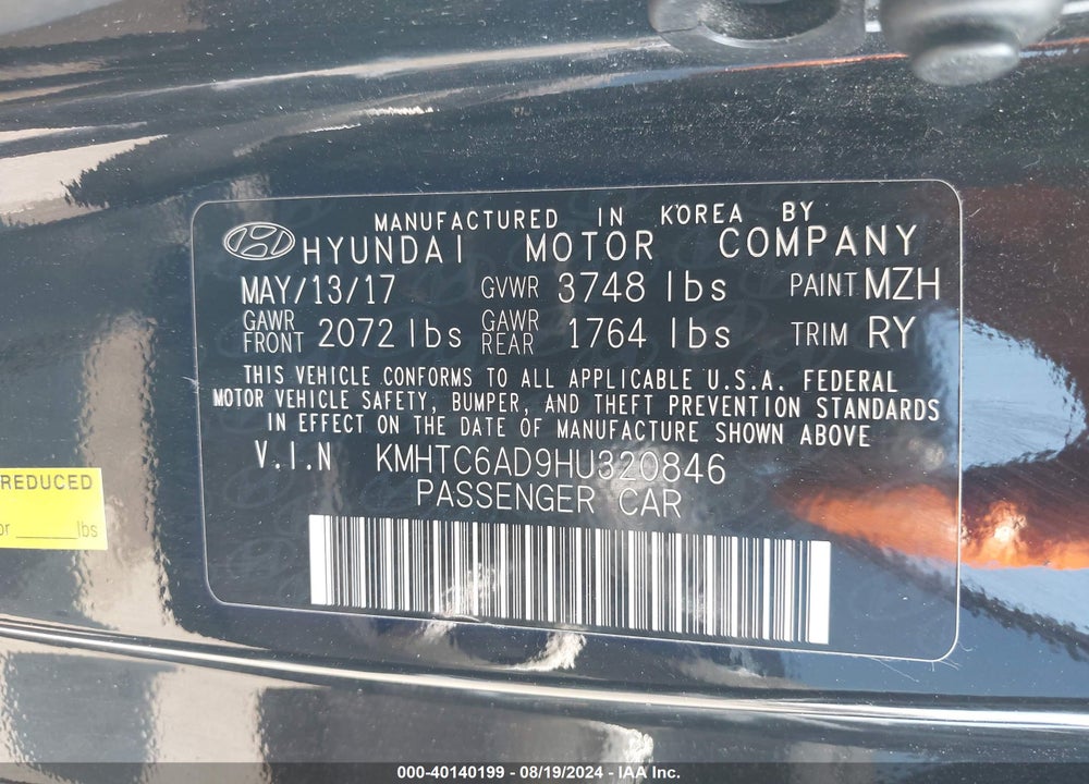 2017 HYUNDAI VELOSTER VALUE EDITION VIN: KMHTC6AD9HU320846