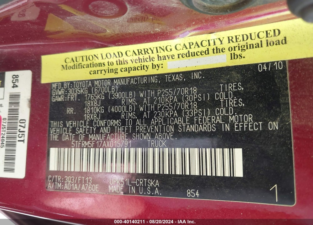 2010 TOYOTA TUNDRA GRADE 4.6L V8 VIN: 5TFRM5F17AX015791